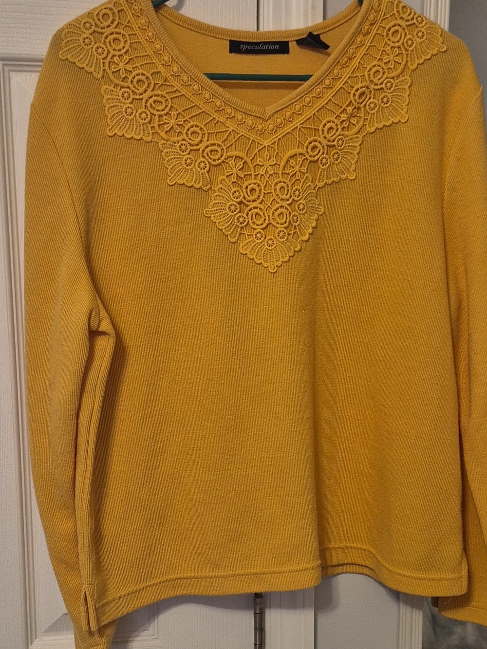 Speculation Women's Mustard Crochet-Trim Crewneck Sweater